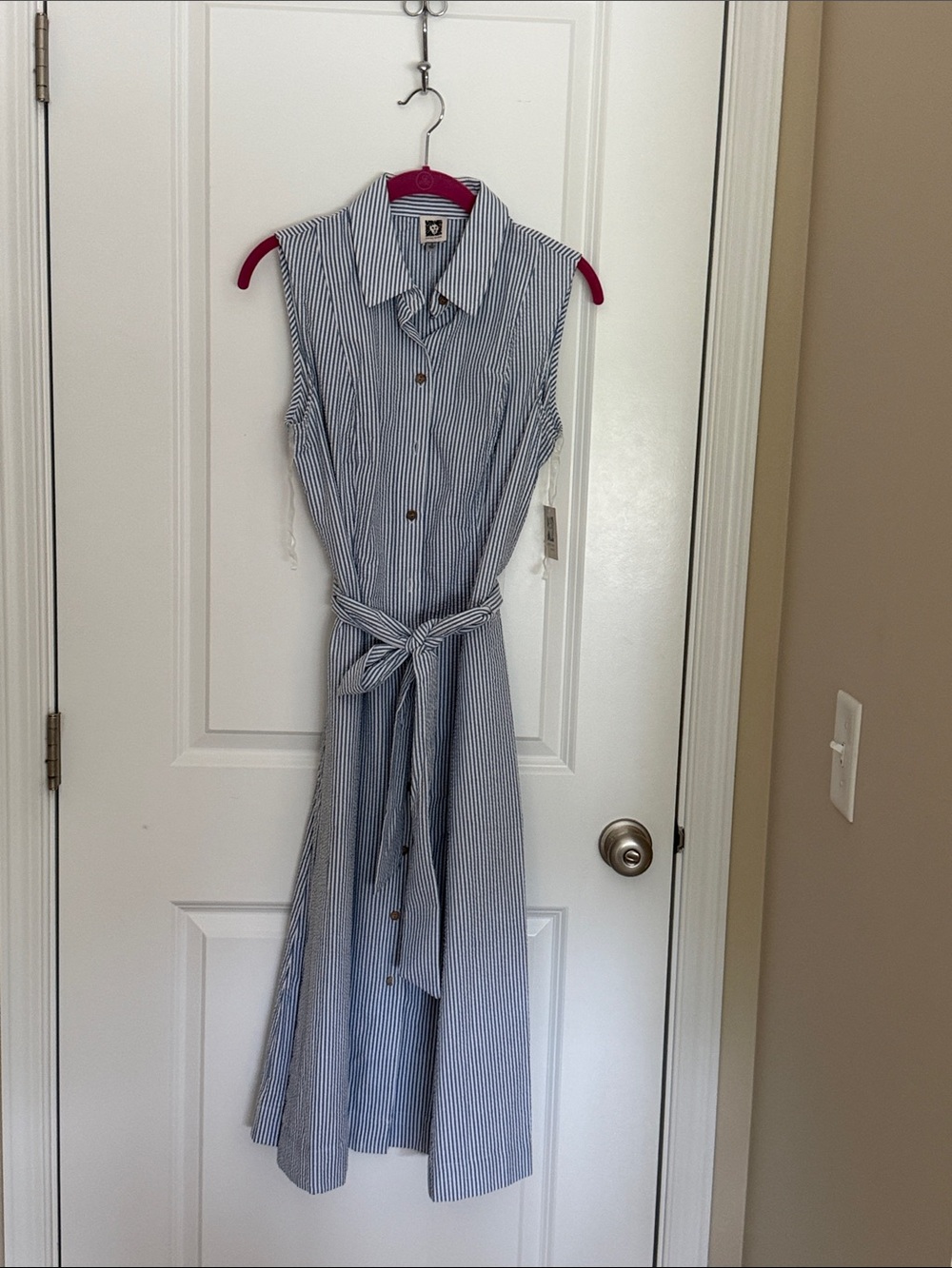 Anne Klein Blue and White Striped Sleeveless Midi Shirt Dress with Tie